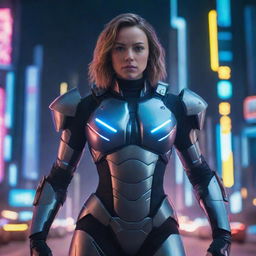 A futurist warrior female character with high-tech armor, standing powerfully against a neon cityscape background