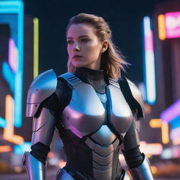 A futurist warrior female character with high-tech armor, standing powerfully against a neon cityscape background