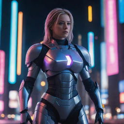 A futurist warrior female character with high-tech armor, standing powerfully against a neon cityscape background