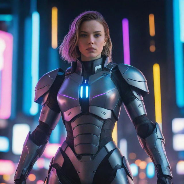 A futurist warrior female character with high-tech armor, standing powerfully against a neon cityscape background