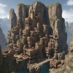 A Rockypunk-style city, carved into a colossal mountain range, with rugged stone structures, caves turned into living quarters, mineshafts, and technological advancements harmoniously integrated within the natural rock formations