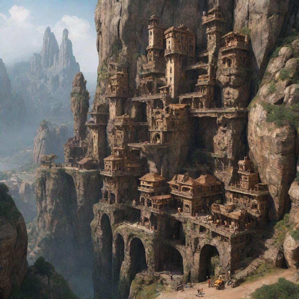 A Rockypunk-style city, carved into a colossal mountain range, with rugged stone structures, caves turned into living quarters, mineshafts, and technological advancements harmoniously integrated within the natural rock formations