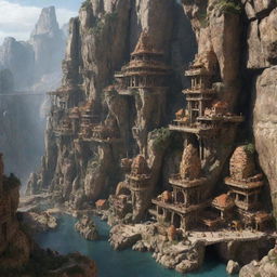 A Rockypunk-style city, carved into a colossal mountain range, with rugged stone structures, caves turned into living quarters, mineshafts, and technological advancements harmoniously integrated within the natural rock formations