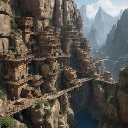 A Rockypunk-style city, carved into a colossal mountain range, with rugged stone structures, caves turned into living quarters, mineshafts, and technological advancements harmoniously integrated within the natural rock formations