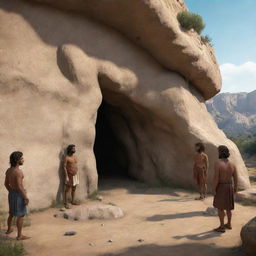 Realistically rendered cartoon-style character scene from 380 BC: The formerly chained individuals standing outside the ancient cave, free and enlightened.