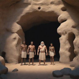 Realistically rendered cartoon-style character scene from 380 BC: The formerly chained individuals standing outside the ancient cave, free and enlightened.