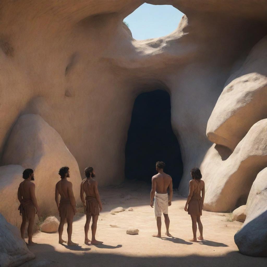 Realistically rendered cartoon-style character scene from 380 BC: The formerly chained individuals standing outside the ancient cave, free and enlightened.