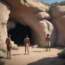 Realistically rendered cartoon-style character scene from 380 BC: The formerly chained individuals standing outside the ancient cave, free and enlightened.