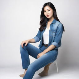 This is a high-quality photograph showcasing an Asian woman dressed in form-fitting jeans and a casual top