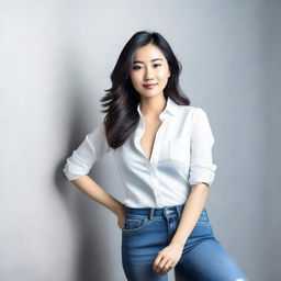 This is a high-quality photograph showcasing an Asian woman dressed in form-fitting jeans and a casual top