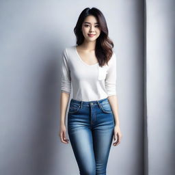 This is a high-quality photograph showcasing an Asian woman dressed in form-fitting jeans and a casual top