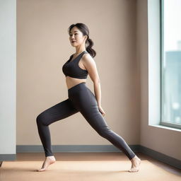 This is a high-quality digital photograph featuring a mature Korean woman dressed in form-fitting yoga pants