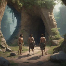 Realistically rendered cartoon-style character scene from 380 BC: The previously chained individuals wandering in a forest outside the ancient cave, embracing their newfound freedom.