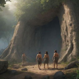 Realistically rendered cartoon-style character scene from 380 BC: The previously chained individuals wandering in a forest outside the ancient cave, embracing their newfound freedom.