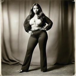 This is a high-resolution photograph featuring a woman with long hair, dressed in form-fitting pants