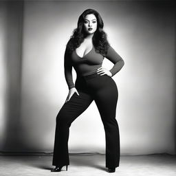 This is a high-resolution photograph featuring a woman with long hair, dressed in form-fitting pants