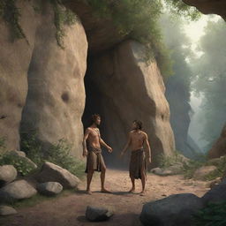 Realistically rendered cartoon-style character scene from 380 BC: The previously chained individuals wandering in a forest outside the ancient cave, embracing their newfound freedom.