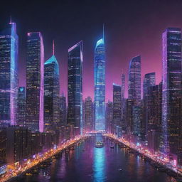 A Lightpunk-style cityscape, powered and illuminated by advanced, dazzling light technologies, radiant skyscrapers, streets shimmering with neon luminescence, and floating orbs of light serving as mobile sources