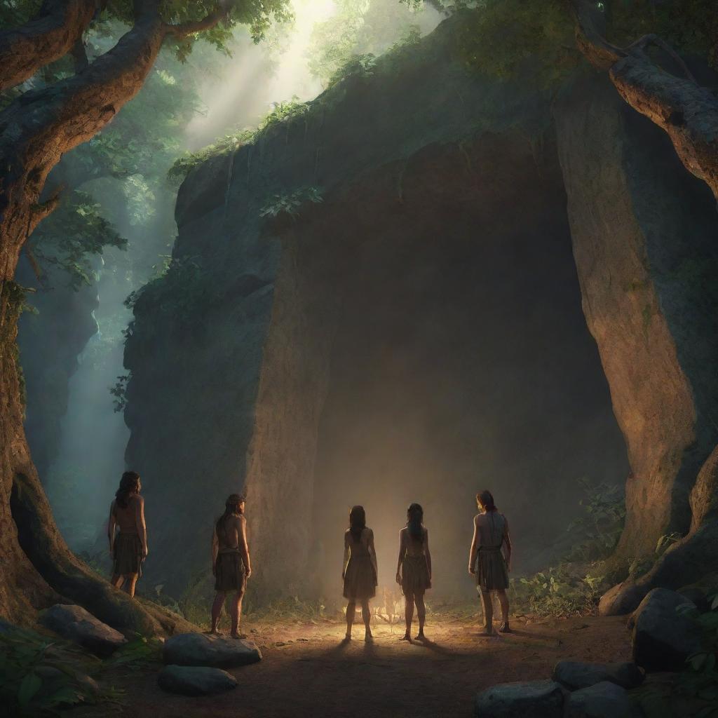 Realistically rendered cartoon-style character scene from 380 BC: The previously chained individuals standing in a beautifully illuminated and alluring forest outside the ancient cave, savoring their freedom.