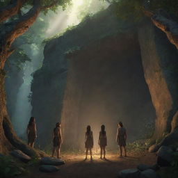 Realistically rendered cartoon-style character scene from 380 BC: The previously chained individuals standing in a beautifully illuminated and alluring forest outside the ancient cave, savoring their freedom.