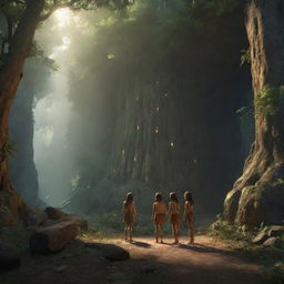 Realistically rendered cartoon-style character scene from 380 BC: The previously chained individuals standing in a beautifully illuminated and alluring forest outside the ancient cave, savoring their freedom.