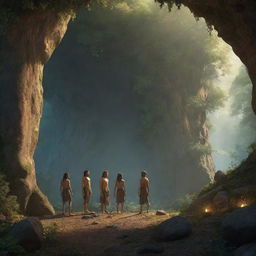 Realistically rendered cartoon-style character scene from 380 BC: The previously chained individuals standing in a beautifully illuminated and alluring forest outside the ancient cave, savoring their freedom.