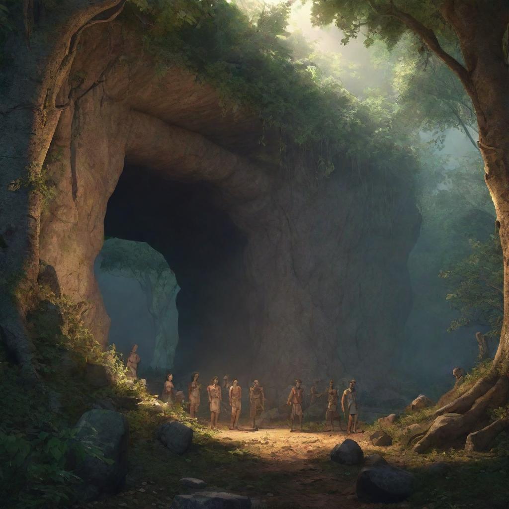 Realistically rendered cartoon-style character scene from 380 BC: The previously chained individuals standing in a beautifully illuminated and alluring forest outside the ancient cave, savoring their freedom.