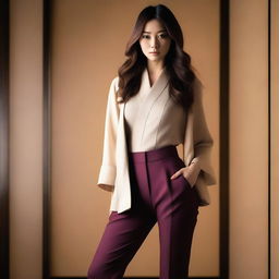 This is a high-definition digital photograph featuring a tall Japanese woman with long hair, dressed in form-fitting pants