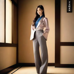 This is a high-definition digital photograph featuring a tall Japanese woman with long hair, dressed in form-fitting pants