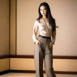 This is a high-definition digital photograph featuring a tall Japanese woman with long hair, dressed in form-fitting pants