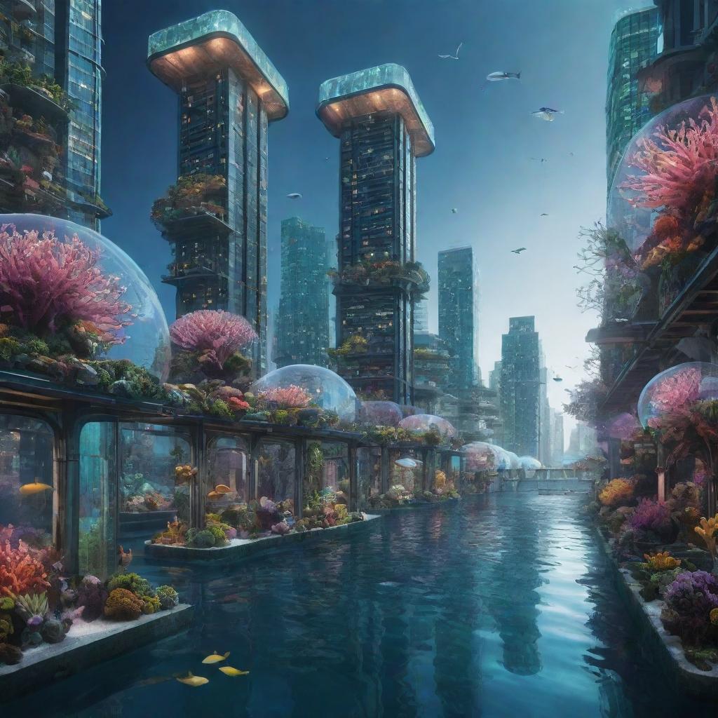 A Seapunk-style underwater cityscape, with iridescent coral skyscrapers, bio-luminescent streetlights, glass tunnels, and abundant marine life among the urban architecture