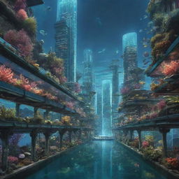 A Seapunk-style underwater cityscape, with iridescent coral skyscrapers, bio-luminescent streetlights, glass tunnels, and abundant marine life among the urban architecture