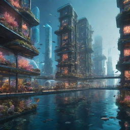 A Seapunk-style underwater cityscape, with iridescent coral skyscrapers, bio-luminescent streetlights, glass tunnels, and abundant marine life among the urban architecture