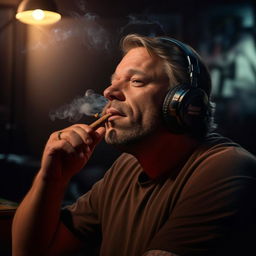 A realistic, detailed image of Joe Rogan, the podcast host, casually smoking a cigar. He is visibly relaxed and enjoying the moment. The background should be a dimly lit professional podcast studio.