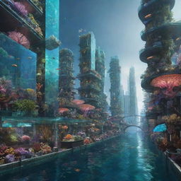 A Seapunk-style underwater cityscape, with iridescent coral skyscrapers, bio-luminescent streetlights, glass tunnels, and abundant marine life among the urban architecture