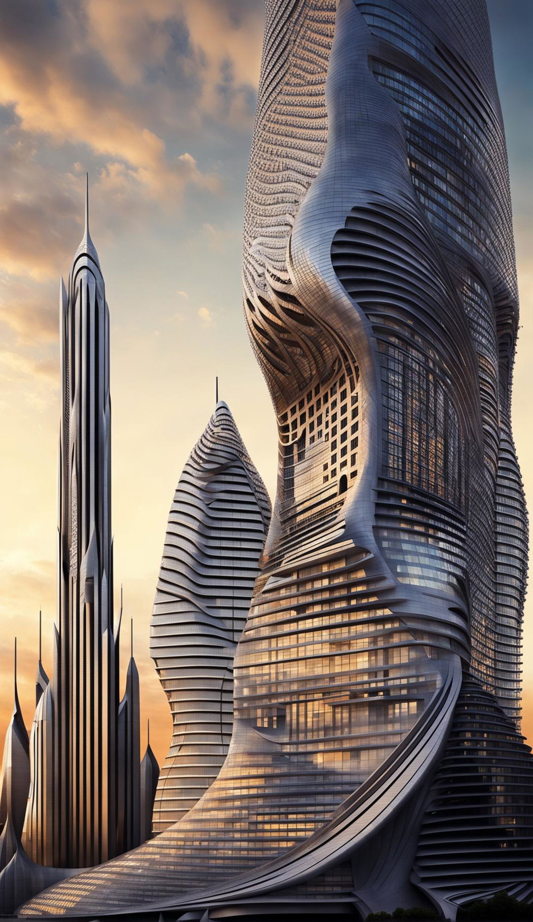 High-definition architectural photography of a futuristic cityscape with parametric, God-inspired buildings featuring unique designs, intricate details, and contrasting lighting.