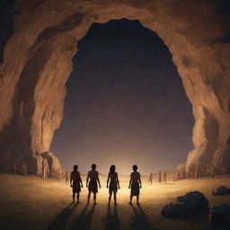 Realistically rendered cartoon-style character scene from 380 BC: The previously chained individuals standing in a beautifully illuminated and stunning open field outside the ancient cave, marveling at their freedom.