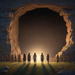 Realistically rendered cartoon-style character scene from 380 BC: The previously chained individuals standing in a beautifully illuminated and stunning open field outside the ancient cave, marveling at their freedom.