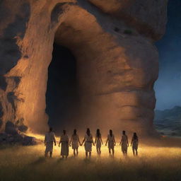 Realistically rendered cartoon-style character scene from 380 BC: The previously chained individuals standing in a beautifully illuminated and stunning open field outside the ancient cave, marveling at their freedom.