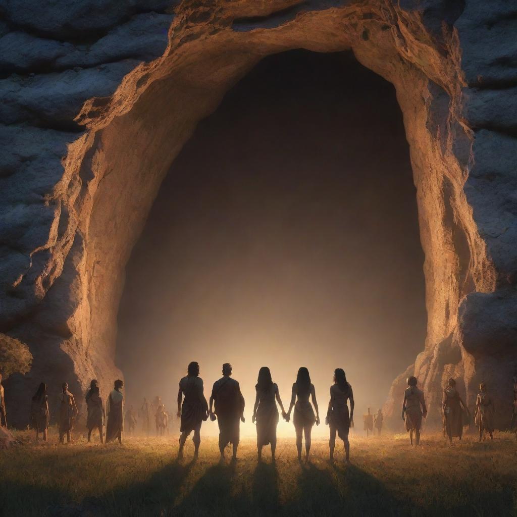 Realistically rendered cartoon-style character scene from 380 BC: The previously chained individuals standing in a beautifully illuminated and stunning open field outside the ancient cave, marveling at their freedom.