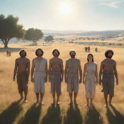 Realistically rendered cartoon-style character scene from 380 BC: The previously chained individuals standing in an open field, bathed in the radiant sunlight and marveling at the beautiful surroundings, relishing their newfound freedom.