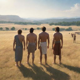 Realistically rendered cartoon-style character scene from 380 BC: The previously chained individuals standing in an open field, bathed in the radiant sunlight and marveling at the beautiful surroundings, relishing their newfound freedom.