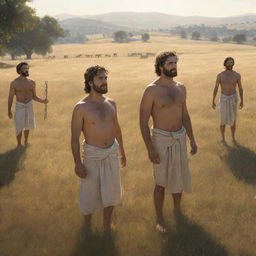 Realistically rendered cartoon-style character scene from 380 BC: The previously chained individuals standing in an open field, bathed in the radiant sunlight and marveling at the beautiful surroundings, relishing their newfound freedom.