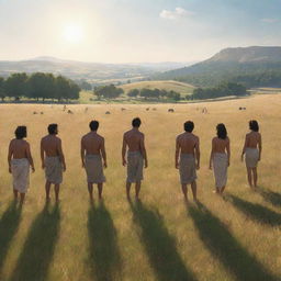 Realistically rendered cartoon-style character scene from 380 BC: The previously chained individuals standing in an open field, bathed in the radiant sunlight and marveling at the beautiful surroundings, relishing their newfound freedom.