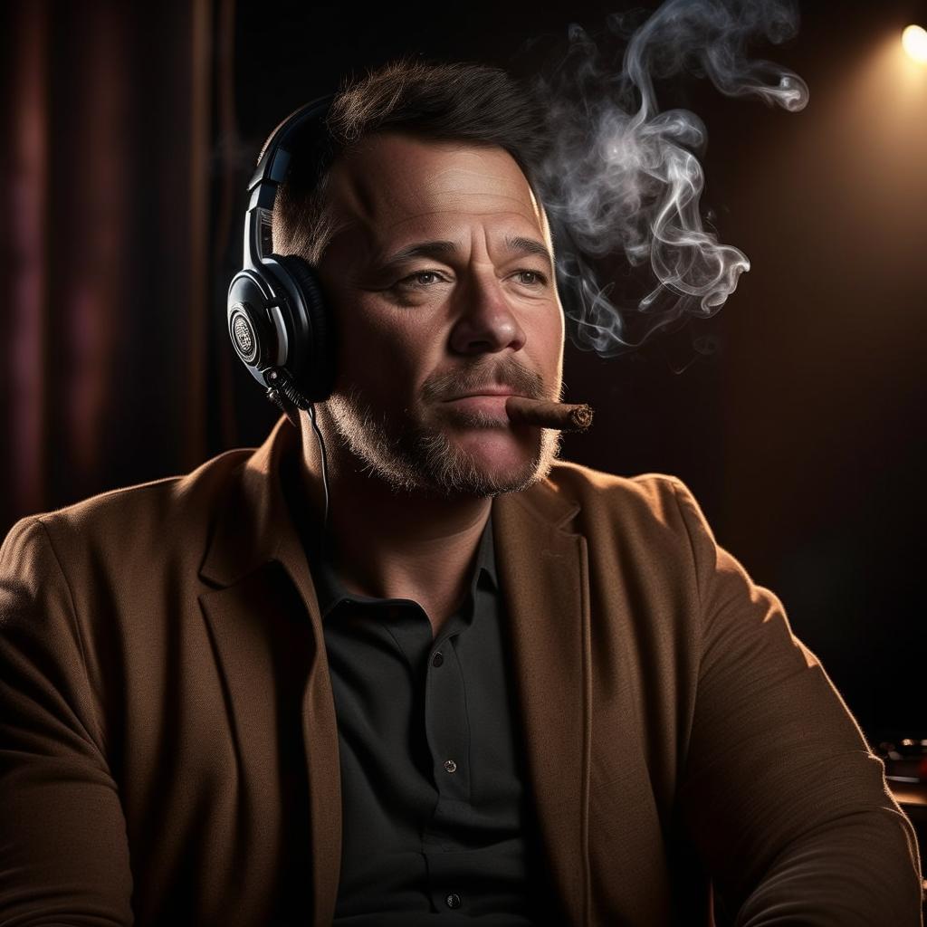 A realistic, detailed image of Joe Rogan, the podcast host, casually smoking a cigar. He is visibly relaxed and enjoying the moment. The background should be a dimly lit professional podcast studio.