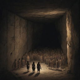 Realistically depicted cartoon-style scene from 380 BC: An image of a dark, ancient cave filled with multiple chained people, their gaze fixed on the rear wall.