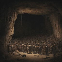 Realistically depicted cartoon-style scene from 380 BC: An image of a dark, ancient cave filled with multiple chained people, their gaze fixed on the rear wall.