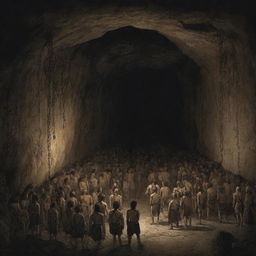 Realistically depicted cartoon-style scene from 380 BC: An image of a dark, ancient cave filled with multiple chained people, their gaze fixed on the rear wall.