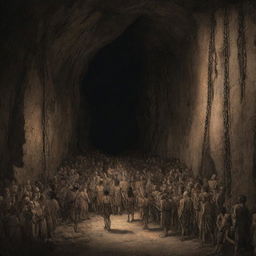 Realistically depicted cartoon-style scene from 380 BC: An image of a dark, ancient cave filled with multiple chained people, their gaze fixed on the rear wall.