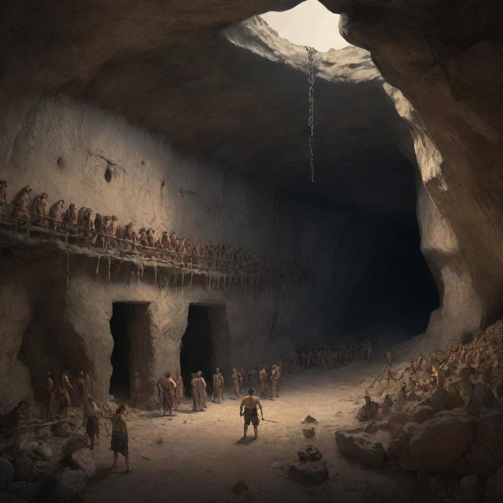 Realistically rendered cartoon-style scene from 380 BC: A gloomy image of an ancient cave, filled with chained people, their focus riveted to the back wall.